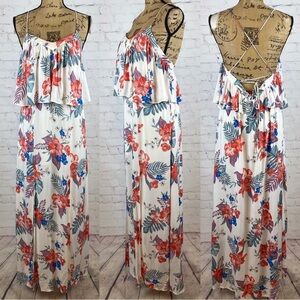 Mustard Seed Floral Ruffled Top Lace Up Low Back Maxi